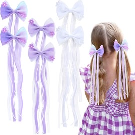 OAOLEER 6PCS Hair Bows for Girls, Purple Tulle Flower Hair Accessories with Alligator Clips Pearl Long Tail for Toddler Kids Back to School (Purple)