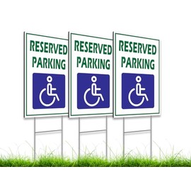 Pack of 3 Reserved Parking Sign 12x8 inch with Metal H-Shaped Stakes - Handicap Parking Sign with Picture of Wheelchair Sign - Road Traffic Yard Plastic Signs
