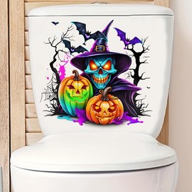 Colorful Pumpkin Ghost Bat Toilet Cover Sticker Decals,Fish Bird Flower Leaf Waterproof Toilet Lid Tank Seat Decals Cistern Self-Adhesive Bathroom Wall Sticker