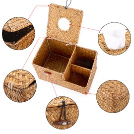 BTSKY Household Seagrass Facial Tissue Box With Two Side Storage Pockets - Decorative Woven Wicker Tissue Holder With Multi-Functional Side Slots For Remote Control Cosmetics Pens Pencils, Caramel