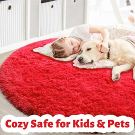 Red Round Circle Rug 6Ft for Bedroom, Large Fluffy Shag Area Rugs for Kids Room Decor Aesthetic, Fuzzy Plush Fur Carpets for Living Room Nursery Classroom, Red Carpet, Furry Indoor Rugs for Teen Boys