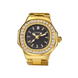 JewelryWe Ring Watch Finger Watch Women's Watches Square Quartz Analogue Adjustable Metal Ring Watch Women Glitter Rhinestone Finger Ring Watch Ring with Black Rectangular Dial, Gold-dark grey,