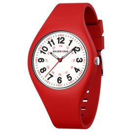 GOLDEN HOUR Waterproof Sports Analog Unisex Watches for Nurse Medical Professionals, Students - Military Time Glowing Easy to Read Dial, Jelly Silicone Strap in Red