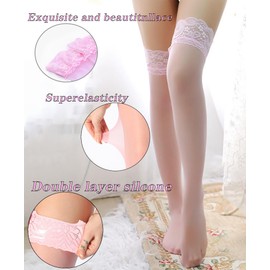 W-ZEST 2Pairs Thigh High Stockings Silicone Lace Top Stay Up Silky Semi Sheer Pantyhose for Women Hold Up Nylon