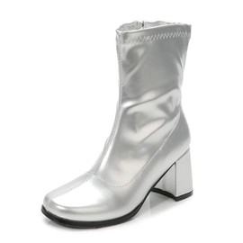 LIURUIJIA Women's Gogo Boots Mid Calf Block Heel Zipper Square Toe Short Booties For Disco Party Cosplay Dance Silver 39(245/US8.5)