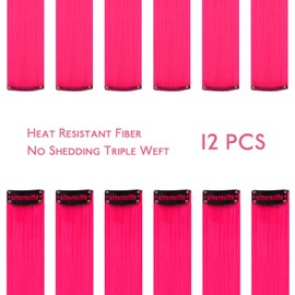 WENNALIFE 12 PCS Hot Pink Hair Extensions Clip in, Colored Clip in Hair Extensions for Kids Highlights Rainbow Hair Clips for Girls Synthetic Straight Pop-up Style Colorful Girls Hair Accessories
