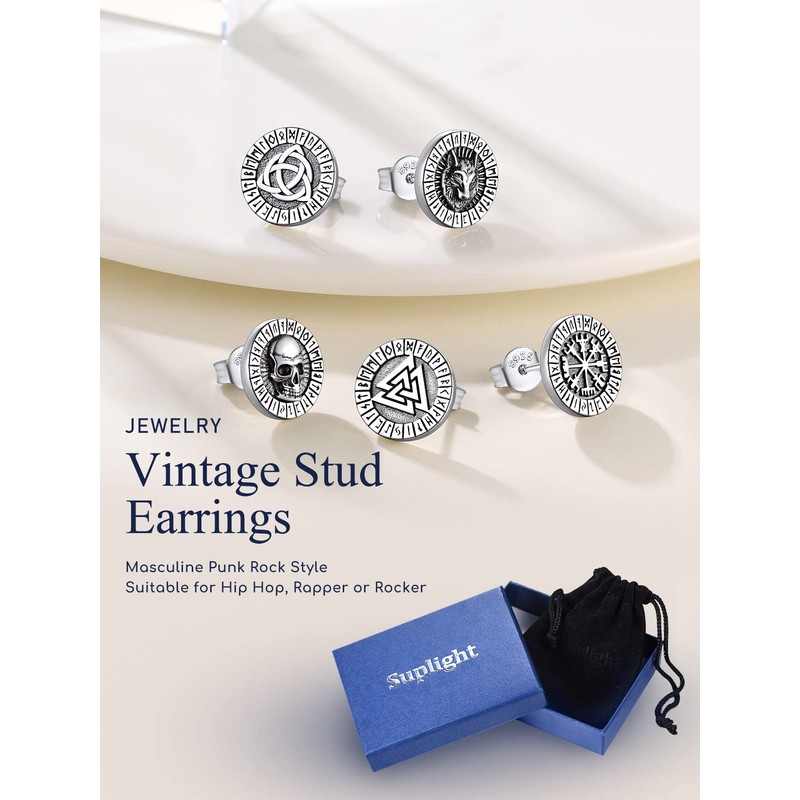 Suplight 925 Sterling Silver Valknut Viking Rune Stud Earrings Flat