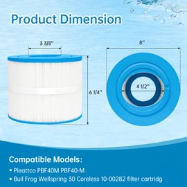 sawluv 2-Pack PBF40M Spa Filter Replacement, 10-00282 Hot Tub Filter, Bull Frog Spas Compatible with Pleat co PBF40 PBF40-M, Well spring 30 Coreless