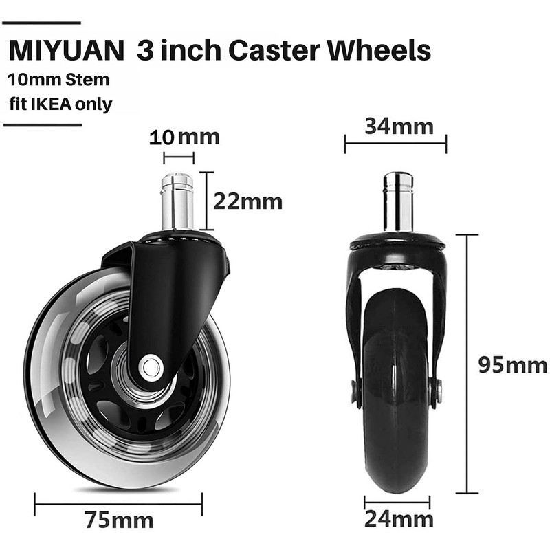 Office Chair Wheels for IKEA Chairs,10mm stem Caster, 3 Inch