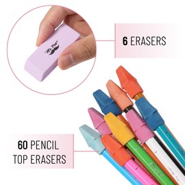 Mr. Pen- Pencil Erasers Set, 66 Pack, 6 pc Hand-Held(Pastel Colors) & 60 pc Pencil Top Erasers(Twilight Colors), Latex-Free, No Smudge & No Paper Tear