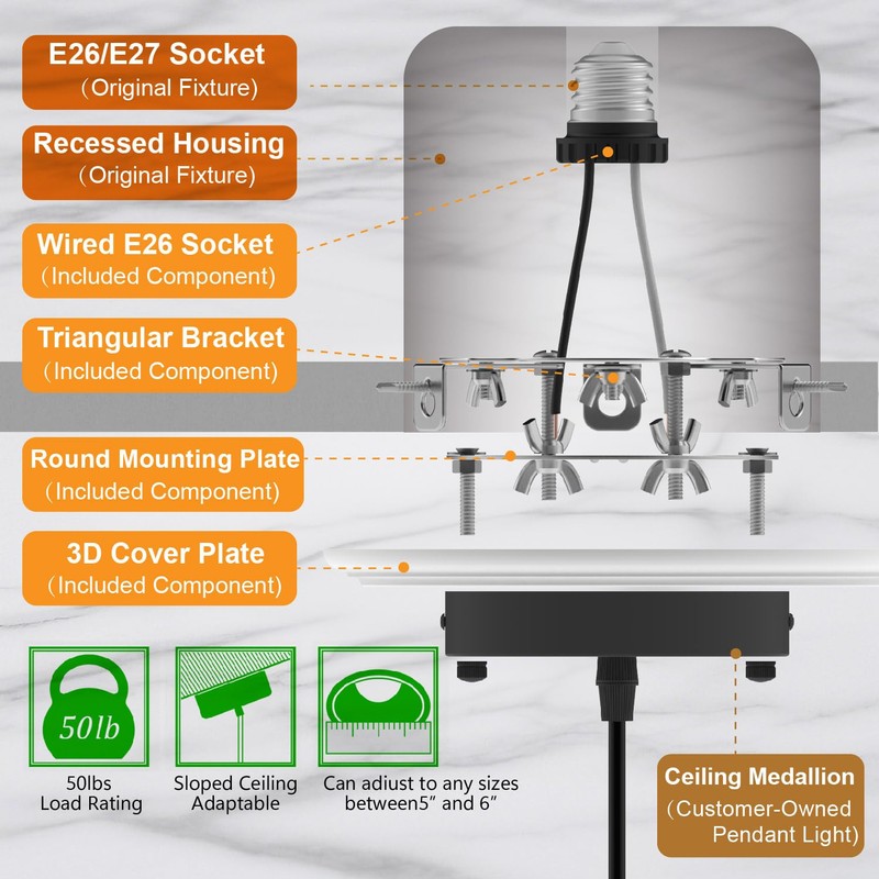 YIIZON 2-Pack Recessed Light to Pendant Converter Kit, Adjustable for