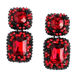 Vintage Geometric Black Colorful Rhinestone Statement Earrings Elegant Fancy Crystal Rectangle Drop Dangle Earrings Prom Pageant Earrings for Women - Red