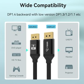 FIBBR Certified DisplayPort 1.4 Cable 6ft/2M, SuperSpeed DP 1.4 Cable 32.4Gbps Video DisplayPort Support 8K@60Hz, 4K@165Hz,2K@240Hz, HDR, HDCP2.2, ARC DP to DP for Gaming Monitor