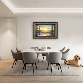 Beach Large Wall Art Sea Coastal Pictures Rustic Window Sunrise Wall Decor Canvas Print Painting Artwork for Bathroom Living Room Bedroom 36L" x 24W"