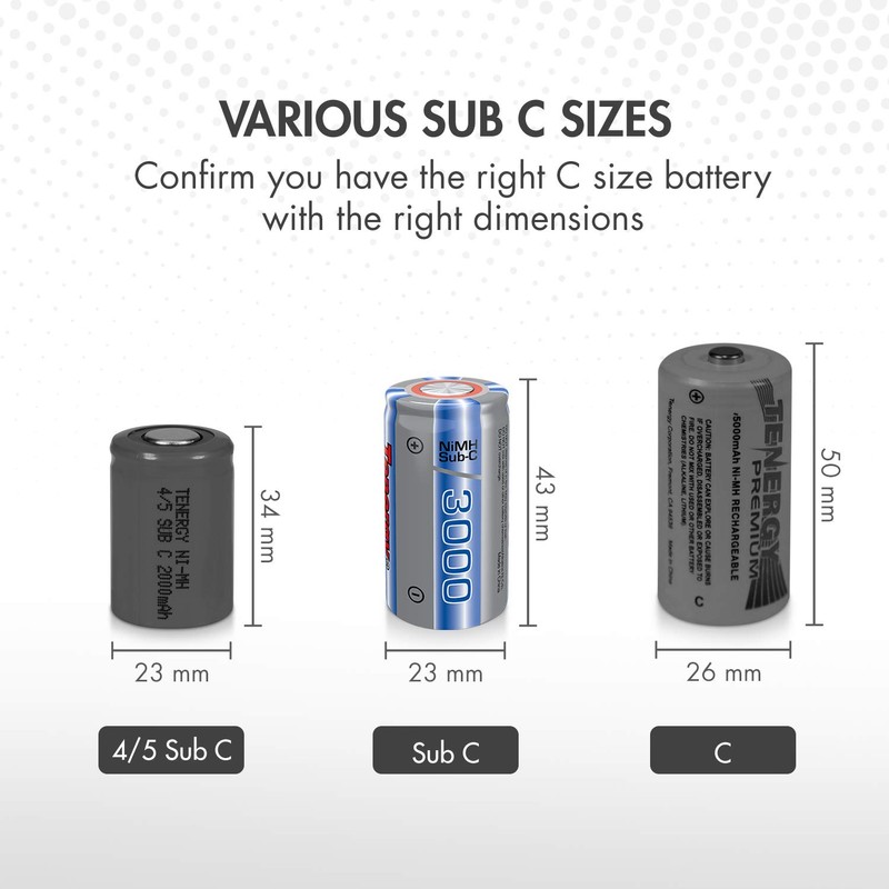 Tenergy NiMH SubC 1.2V 3000mAh Rechargeable Batteries, with Tabs, 15