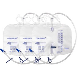 GlobalRoll Urinary Drainage Bag with Anti-Reflux Chamber, Bedside Drainage Bag 4000 mL with 48" Drainage Tube, Hook Hanger and Clips, Large Capacity Urine Bag for Home and Hospitals, 3 Pack