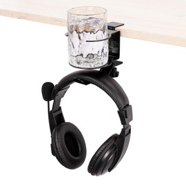 2 in 1 Headphone Hanger with Desk Cup Holder 360° Rotating Desk Clamp on Headset Organizer for Coffee Mups Water Cups