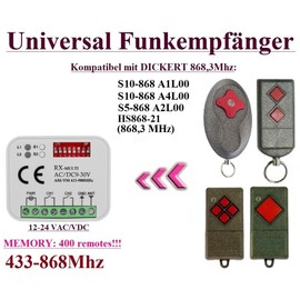 Universal Receiver Compatible with Dickert S10-868 A1L00 / S10-868 A4L00 / HS868-21 / S5-868 A2L00 868.3Mhz Remote Control 2 Channels Radio Receiver 433-868MHz Rolling/Fixed Code 12-24 VAC/DC