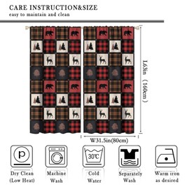 Cabin Retro Curtains Rustic Lodge Window Treatments, Bear Deer Moose Wild Animals Curtains for Living Room, Plaid Check Adventure Farmhouse Drapes 2 Panel Sets,63x63 Inch