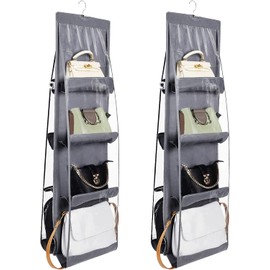 2 Pack Handbag Storage Hanging Organizer - Space Saving Wardrobe Closet Organizers, 8 Clear Pockets, Wardrobe Clothes Organiser, Washable - Ideal for Bag, Clothes & Over Door Storage, Grey