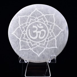 AMOYSTONE 4" Round Selenite Plate Crown Chakra Etched Selenite Slab with Amethyst Cluster Crystal Set for Reiki Healing