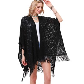 Knit Shawl Wrap for Women - Soul Young Ladies Fringe Knitted Poncho Cardigan Cape(One Size,Black Block)