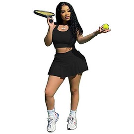 Womens Casual Sports 2 Piece Outfits Skirt Sets Athletic Tank Crop Top Tennis Golf Skorts Skirts Activewear (SM9158-Black,M)