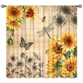 KANEPE Sunflower Curtains, Dragonfly Butterfly Silhouette Wooden Plank Farmhouse Blackout Window Treatments, Rod Pocket Thermal Insulated Drapes 2 Panel Sets for Bedroom Living Room, 42" W X 54" L