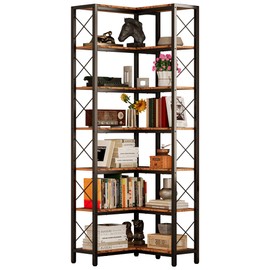 IRONCK Corner Bookshelf, 7-Tier Industrial Corner Bookcase, Tall Corner Shelf Storage Display Rack with Metal Frame for Living Room Home Office, Vintage Brown