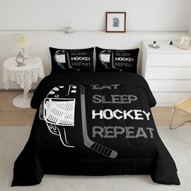 Erosebridal Ice Hockey Queen Comforter Set,Winter Sports Bedding for Teens Adult,Grey Eat Sleep Hockey Sketch Quilt Inner Fill,Boys Ball Game Duvet Insert with 2 Pillowcases for All Season Use