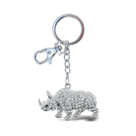Aqua79 Rhino Keychain - Silver 3D Sparkling Charm Rhinestones Fashionable Stylish Metal Alloy Durable Key Ring Bling Crystal Jewelry Accessory With Clasp