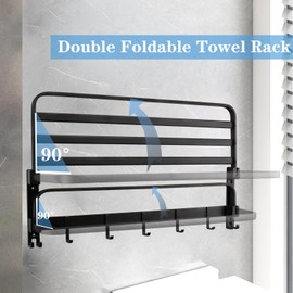 Vanloory Towel Racks for Bathroom, Foldable Towel Shelf with Towel Bar & 7 Towel Hooks, Rustproof Double Bath Towel Holder Wall Mounted Towel Storage Hanger for Bathroom/Balcony/Lavatory(24In Black)