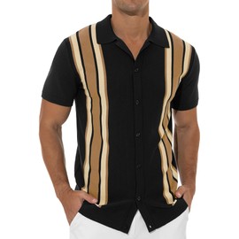 NITAGUT Mens Polo Shirts Vintage Striped Knitting Short Sleeves Button Down Golf Shirts,Black Almond,Medium