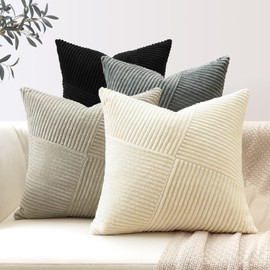 Sungeek Set of 4 Corduroy Cushion Covers, Windmill Stripes, Corduroy Cushion Cover, Sofa Cushion, Decorative Patchwork Design, Decorative Cushion Covers for Living Room (40 x 40 cm, Black Grey)
