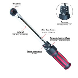 Performance Tool M197 3/8-Inch Drive Torque Wrench 250 inch/lb. - Dual Scale, Audible Click, Precision Ratchet
