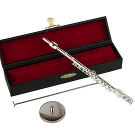 Dselvgvu Miniature Flute with Stand and Case Brass Mini Musical Instrument Flute Replica Collectible Figurines Dollhouse Accessories Model Home Decoration Display Ornament (Silver, 7.09")