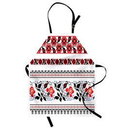 Lunarable Ukrainian Apron, Russian Rushnik Floral Arrangement Eastern European Folklore Ornaments, Unisex Kitchen Bib with Adjustable Neck for Cooking Gardening, Adult Size, Blue Black