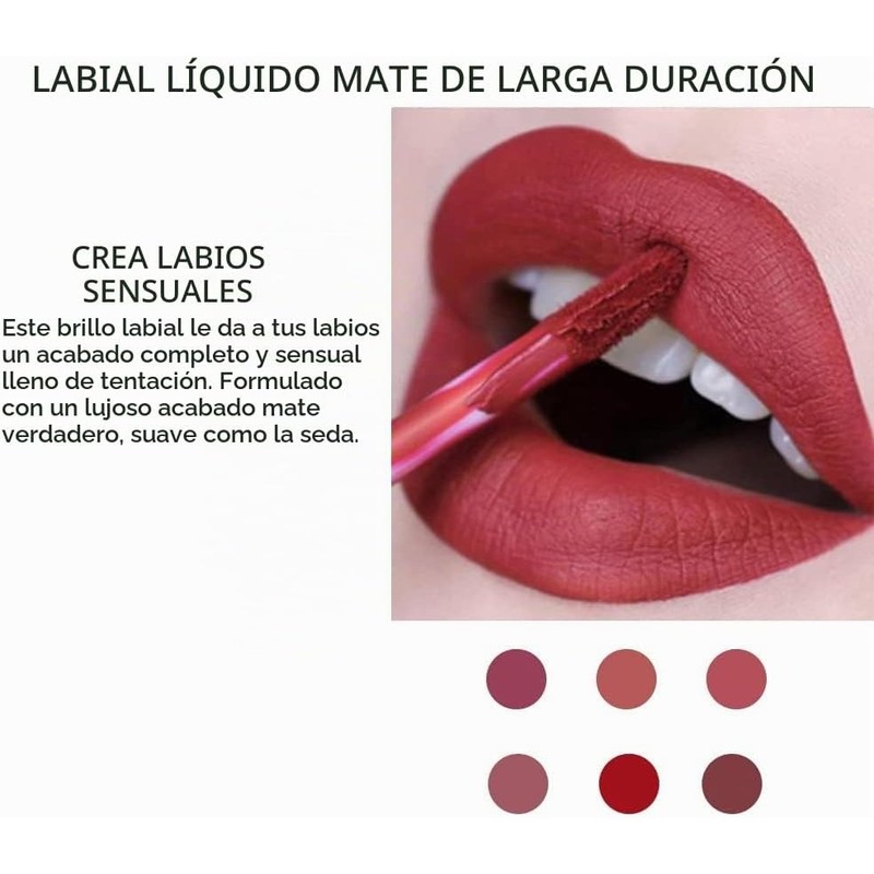 6 Colores Labiales Líquidos Mate Larga Duración Pintalabios