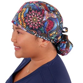 Sparkling EARTH Nighttime in The Garden Big Hair Ponytail Classic Surgical Style Scrub Working Cap - Made in The USA!!!