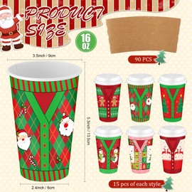 Maxcheck 90 Pack 16 oz Christmas Disposable Coffee Cups with Lids and Sleeves Holiday Coffee Cups Christmas Paper Coffee Cups Hot Chocolate Cups Cocoa Cups for Ugly Sweater Party Christmas Party