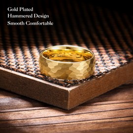 King Will 8mm Tungsten Wedding Rings for Men Gold Plated Hammered Texture Men's Wedding Band Gifts for Him Size 7-14 Comfort Fit丨Craftsman Collection 10