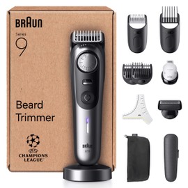 Braun Beard Trimmer Series 9, +11 Barbering Tools, Power Boost & Lifetime Sharp ProBlade, 180 Min, with Fade, 52 Lengths, PrecisionWheel & Lock, Waterproof, BT9545, Chrome