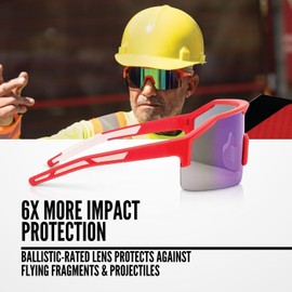 Jackson Safety Maxview+ Safety Glasses - Wraparound Eye Protection for Men & Women - Anti-Fog, Anti-Scratch, Ballistic-Rated, ANSI Z87.1 Compliant - Red Frame with Green Mirror Lens - Pack of 1