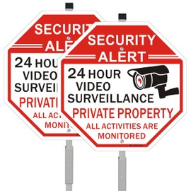 2 Pack Security Sign, Private Property Video Surveillance Sign, with 36" Metal Stakes, 12"x12" Reflective Rust Free Heavy Aluminum, Fade Resistant, Includes Matching Screws & Wrench