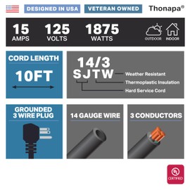 Thonapa - Cable de alimentación de 90 grados con extremo abierto, cable de extensión negro de 10 pies, 14/3 SJTW, coleta para dispositivo de CA universal, reemplazo de enchufe plano de 15 amperios