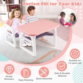 Costzon Kids Table and Chair Set, 3-Piece Plastic Activity Table with Building Blocks, Storage Shelf for Children Reading, Drawing, Writing, Arts & Crafts, Toddler Table and Chair Set (Pink)