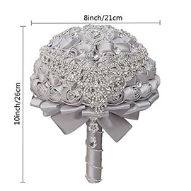 XINNI Handmade Bridal Wedding Bouquet Bride Bridesmaid Satin Rose Flower Bouquet with Drop-Shaped Rhinestone Wedding Decoration Silver Grey