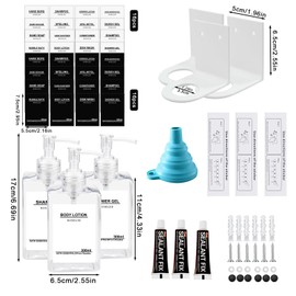 Roselee 3 Soap Dispensers Wall Mounting Set, Shower No Drilling 300 ml Wall Mounted Transparent Shampoo Dispenser with Funnel and Waterproof Labels for Kitchen Bathroom