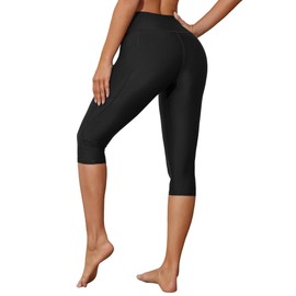 ATTRACO Swim Pants for Women High Waisted Swim Capris Swim Shorts Swimming Leggings, #4 Black, Large