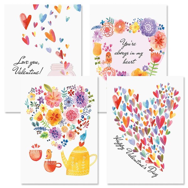 Paintbox Valentine Cards - Set of 8 (4 designs), Large 5 by 7 Inch Valentine Cards, Includes White Envelopes, Sentiments Inside